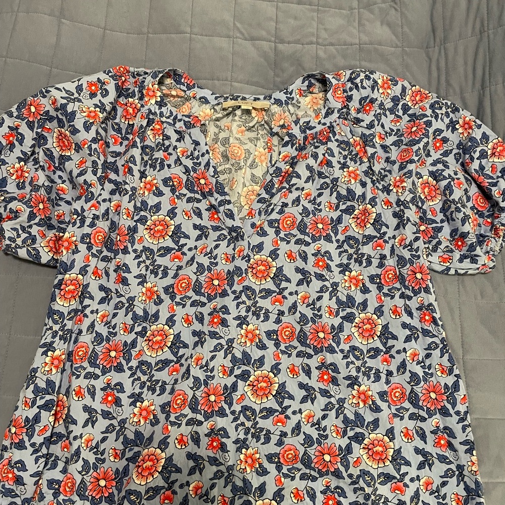 LOFT Pink and Blue Ruffled Blouse with Short Sleeves